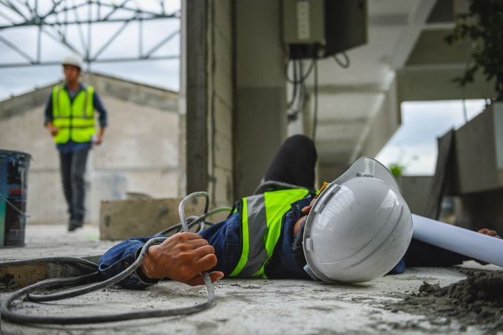 a worker lying on the ground after suffering an electric shock at work